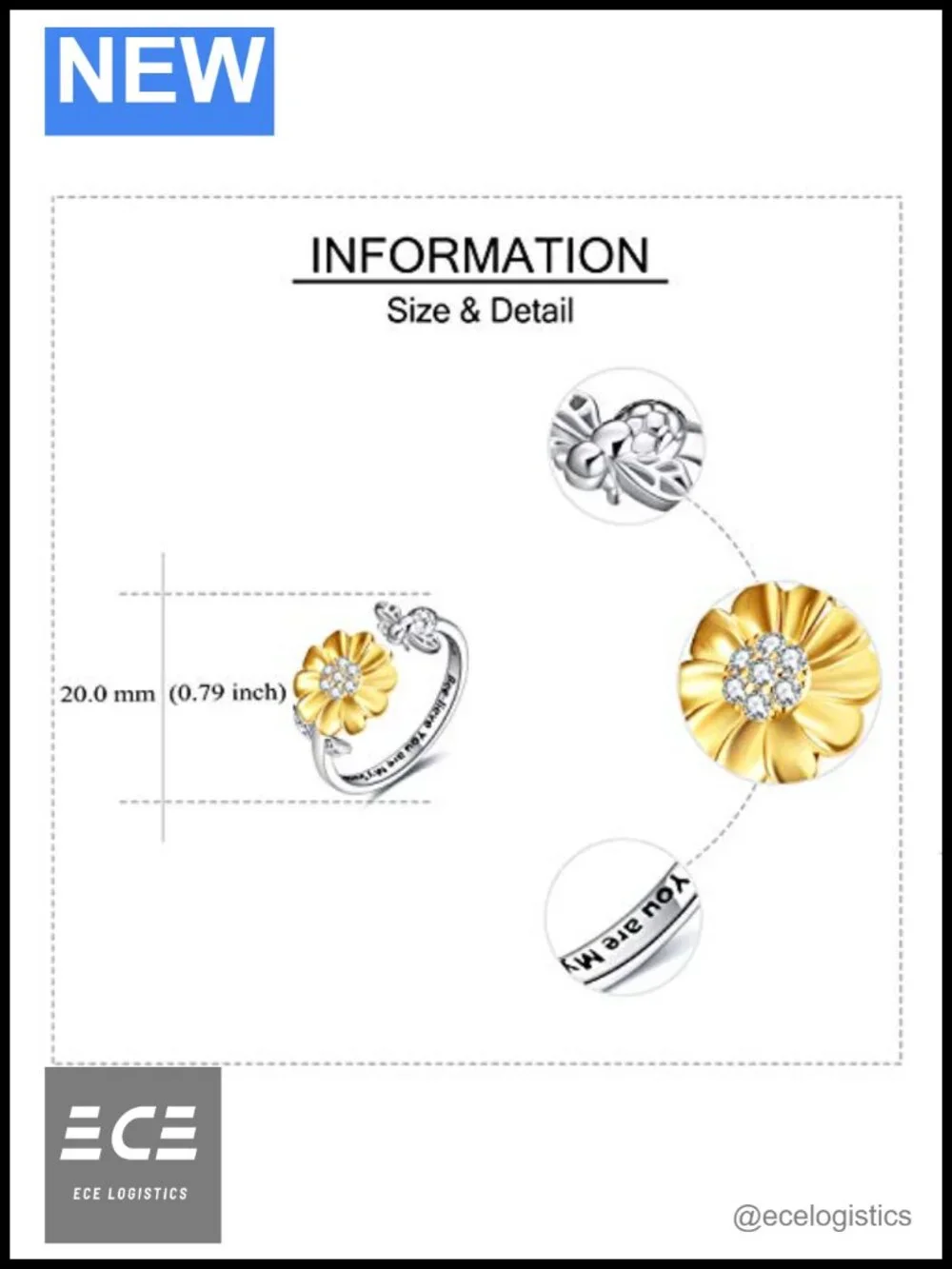 Sterling Silver Sunflower Bee Open Adjustable Ring for Women